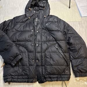 Nike Puffer Jacket Mens Medium Black Grey Zip Down Coat Winter Hood